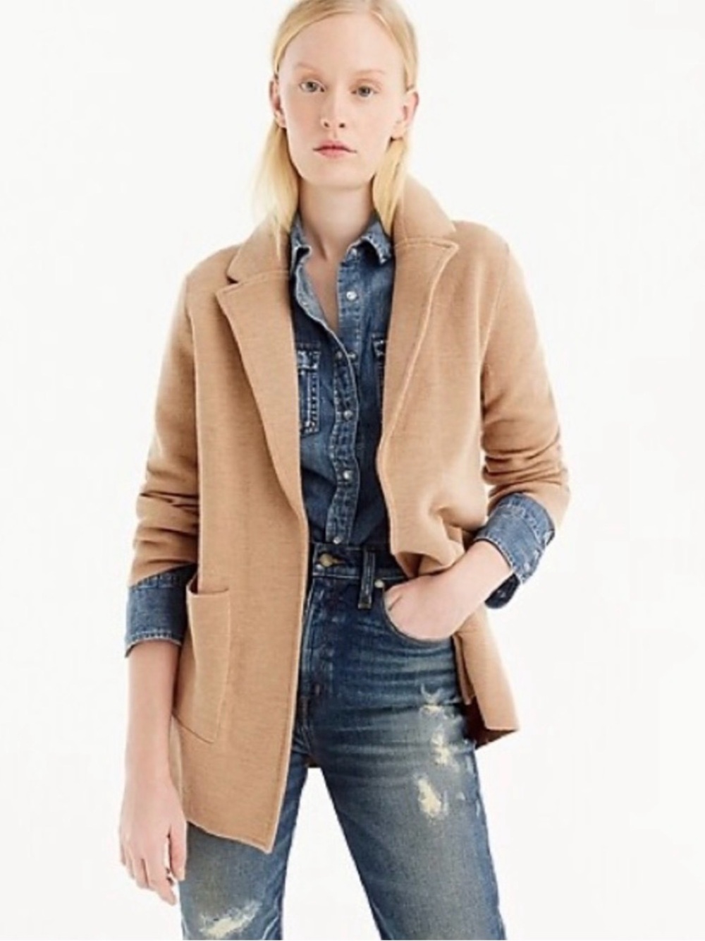 J Crew Camel Merino Cotton Sophie Sweater Blazer, size XS
